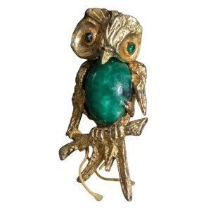 Vintage Hattie Carnegie Owl Brooch With Faux Green Gemstone & Goldtone Finish